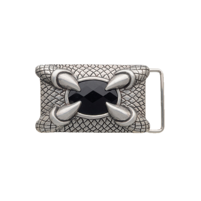 Textured silver belt buckle with a scaly or reptile-like pattern, featuring a central faceted black stone clutched by four detailed claws, a unique and bold fashion accessory with an Italian design.

