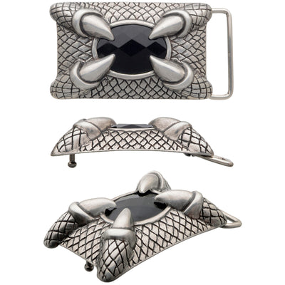 Dragon claw 40mm belt buckle with jet stone. English Silver finish over zamak, Italian-made for bold and stylish leather belts.