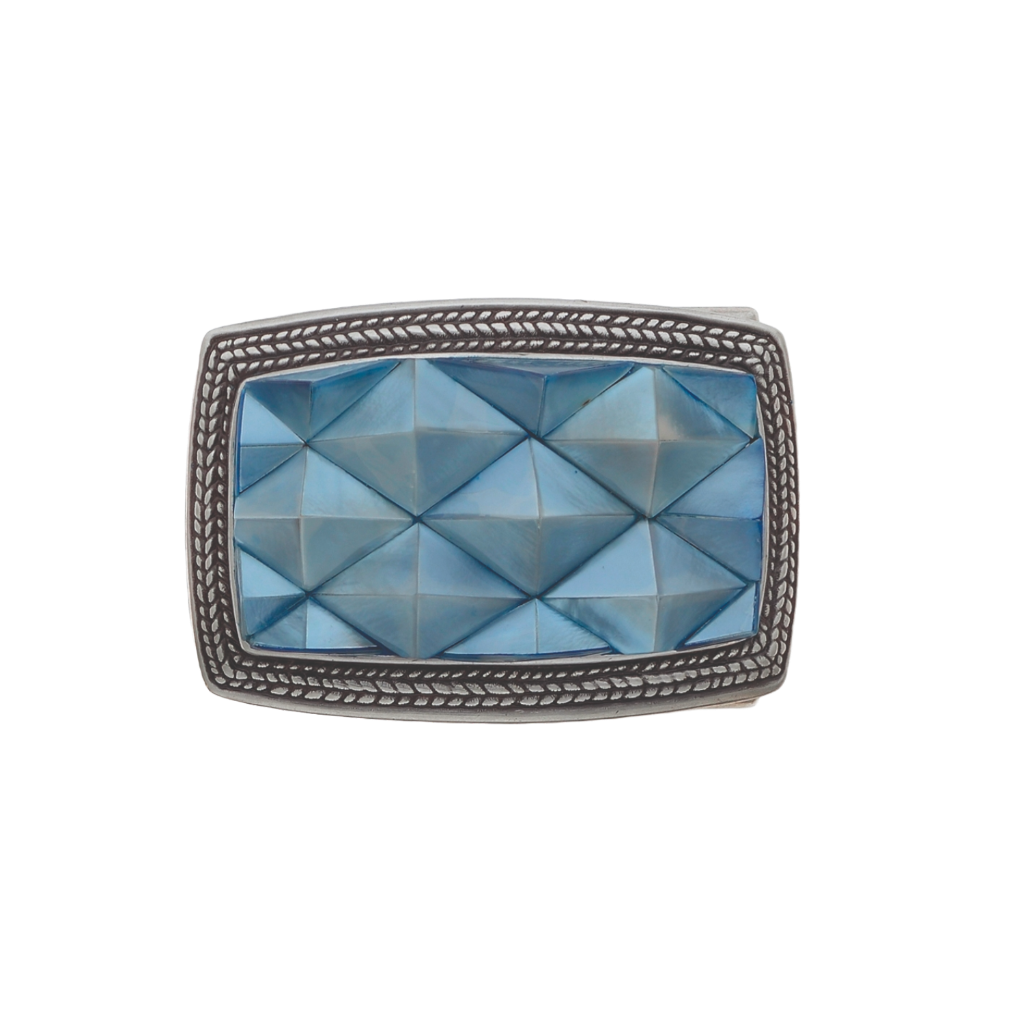 Polished silver belt buckle with a textured braided border and a large rectangular light blue glass centerpiece with a faceted diamond pattern, a modern fashion accessory with an Italian design.

