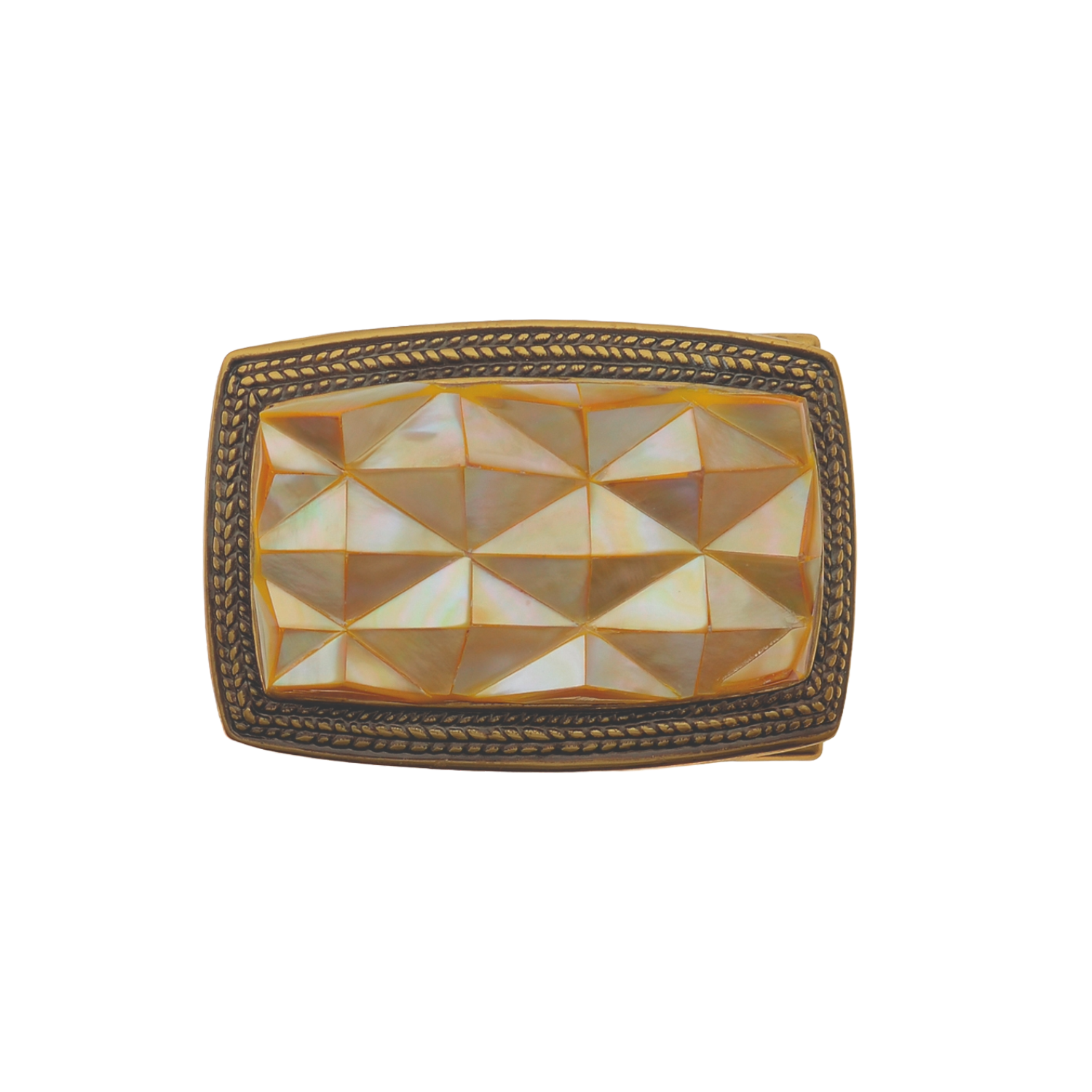 Geometric Mosaic 40mm belt buckle in Old Gold + Solid Yellow Mother of Pearl.