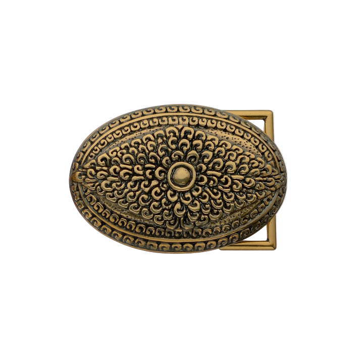 Textured bronze oval belt buckle with a detailed floral filigree design and a smooth rounded center, a stylish fashion accessory with a vintage Italian design.

