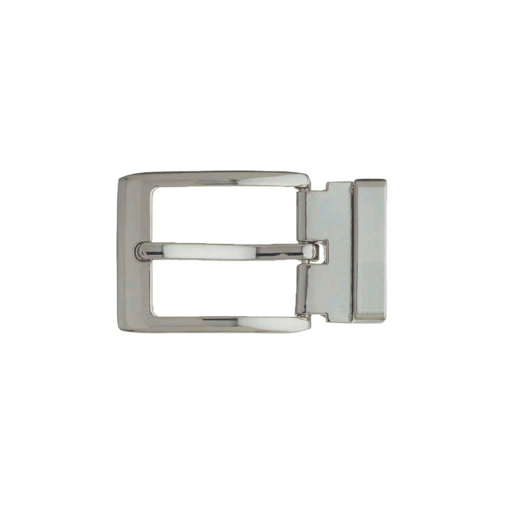 Polished silver-tone rectangular belt buckle featuring a flat-edge frame and rotating reversible mechanism.
