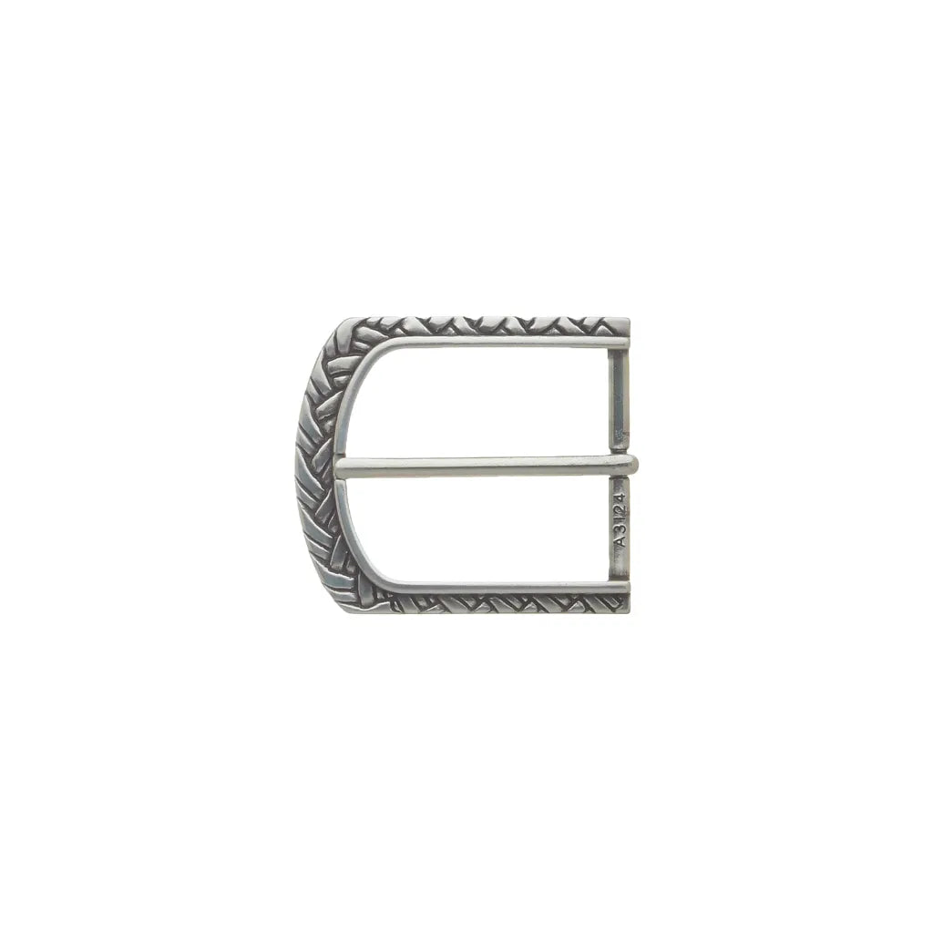 Polished silver rectangular belt buckle with braided chevron trim and rounded edge, fits 30mm belt strap