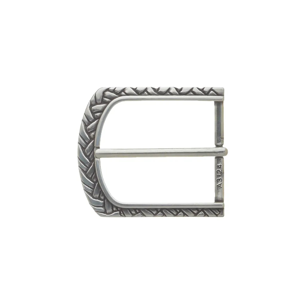 Polished silver rectangular belt buckle with braided chevron trim and rounded edge, fits 40mm belt strap