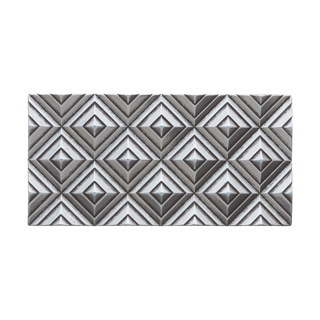 Heavy duty rectangular belt buckle with a 3D geometric diamond pattern, a modern fashion accessory with a contemporary Italian design.

