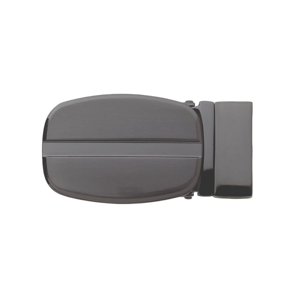 Oval belt buckle in gunmetal gray finish with center bar detail, front view