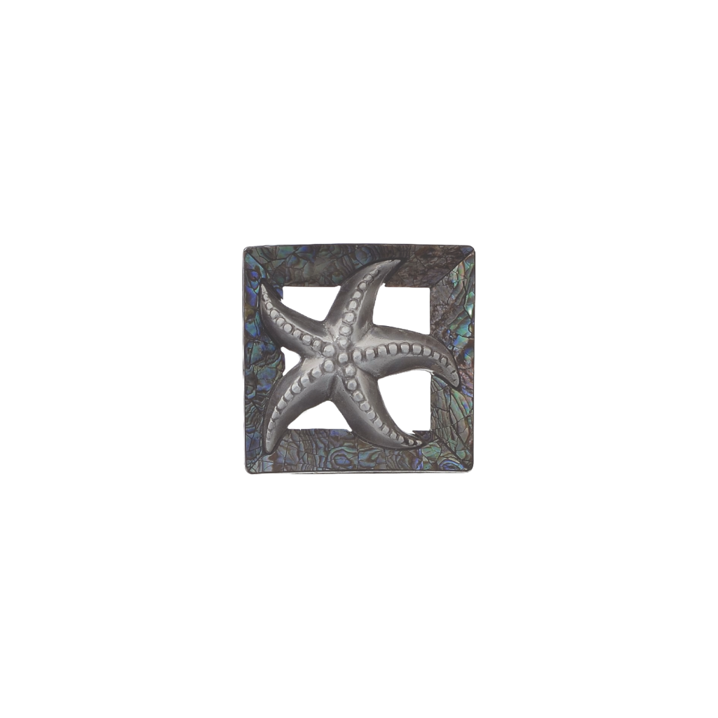 Starfish 40mm belt buckle with English Silver finish and cracked Paua Blue mother of pearl inlay. Handcrafted shell detail, Italian-made in zamak.