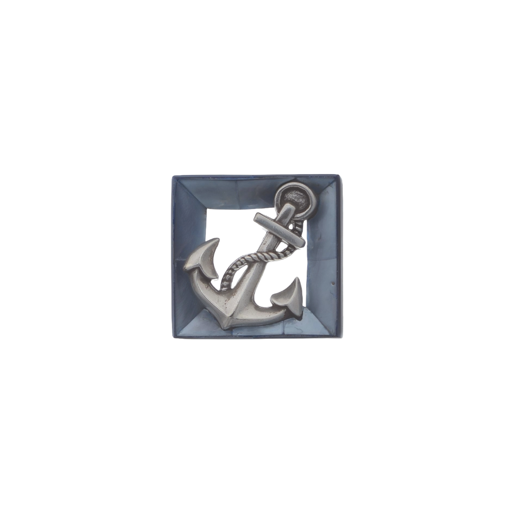 Squared light blue belt buckle with a detailed silver anchor design, a perfect fashion accessory for a nautical-themed look and a unique Italian design.


