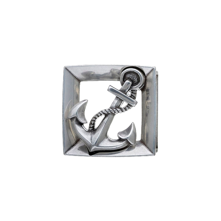 Squared polished silver belt buckle with a detailed anchor design, a perfect fashion accessory for a nautical-themed look and a unique Italian design.

