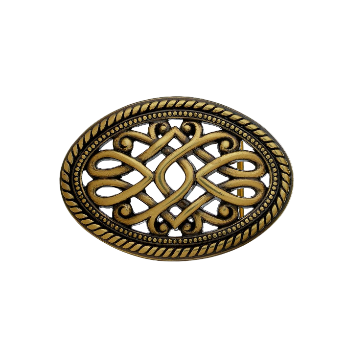 Detailed oval gold-toned belt buckle featuring a Celtic knot design and a textured rope border, a stylish fashion accessory with a beautiful Italian design.

