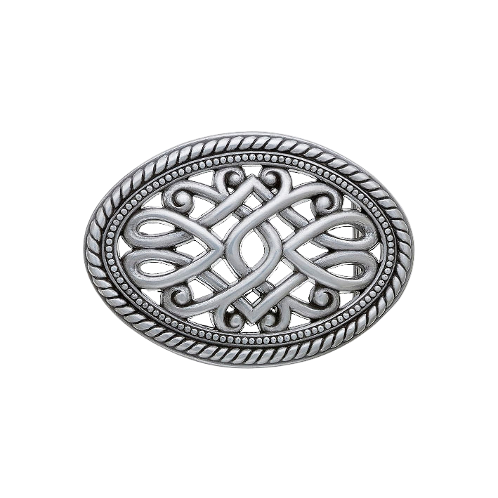 Detailed oval silver belt buckle featuring a Celtic knot design and a textured rope border, a stylish fashion accessory with a beautiful Italian design.

