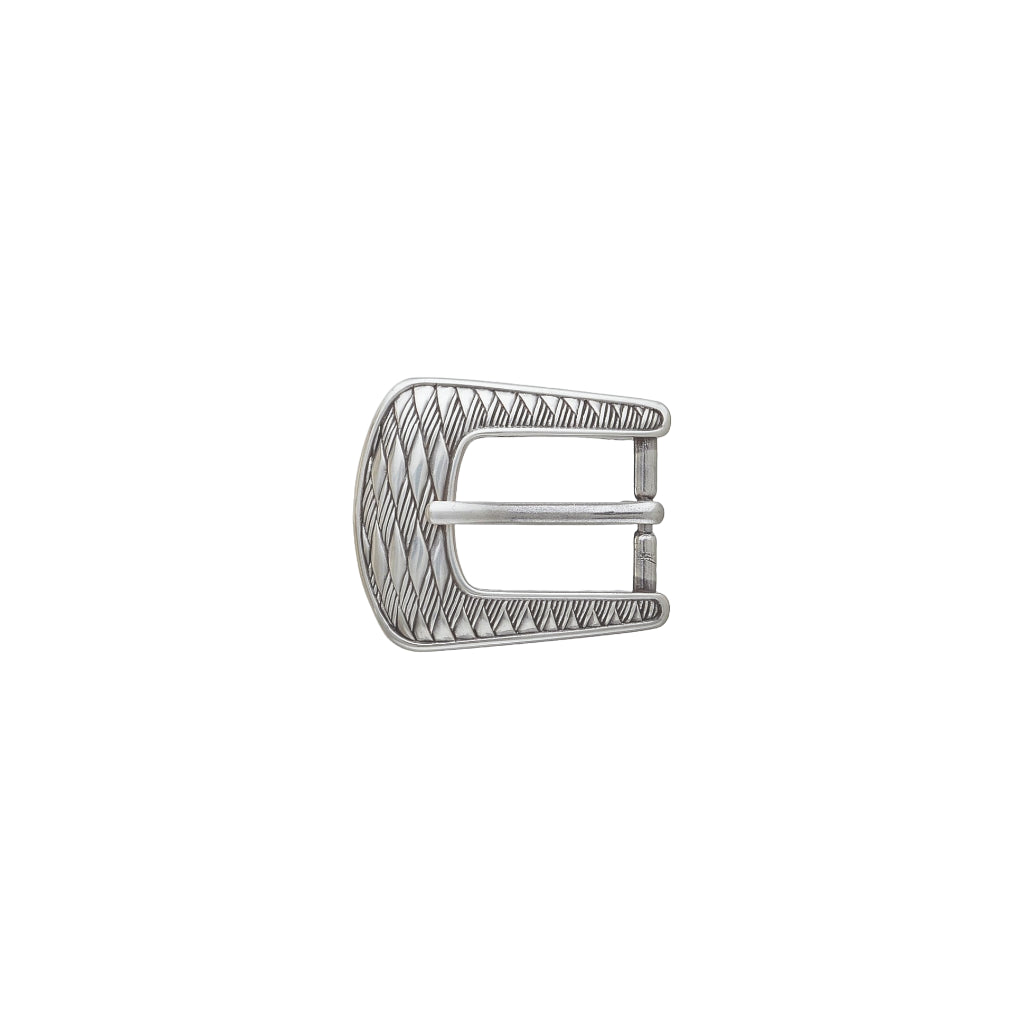 Vintage-style western silver belt buckle featuring a tapered horseshoe shape with an engraved diamond-patterned texture.