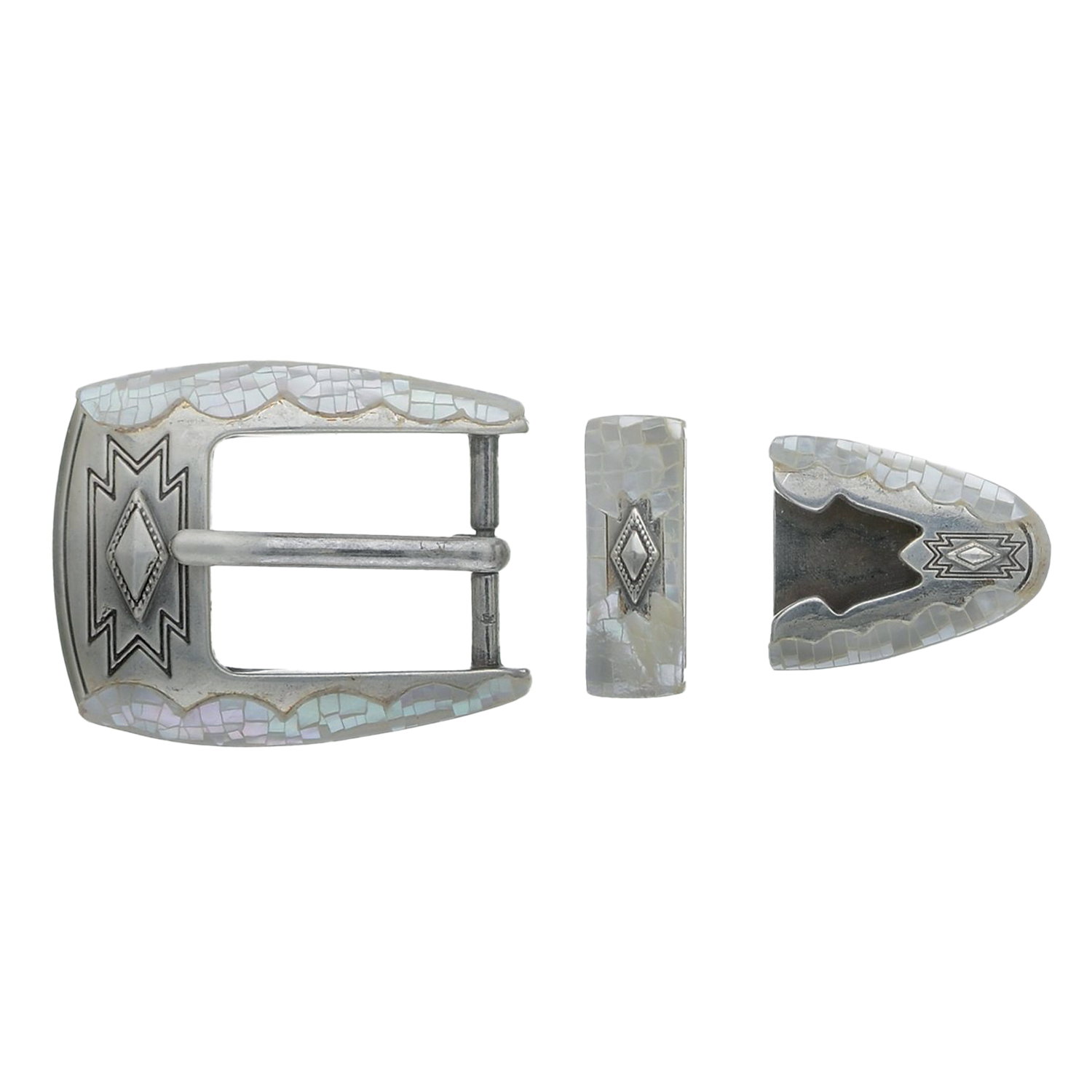 Western 25mm Belt Buckle Set – English Silver Finish with Mother of Pearl