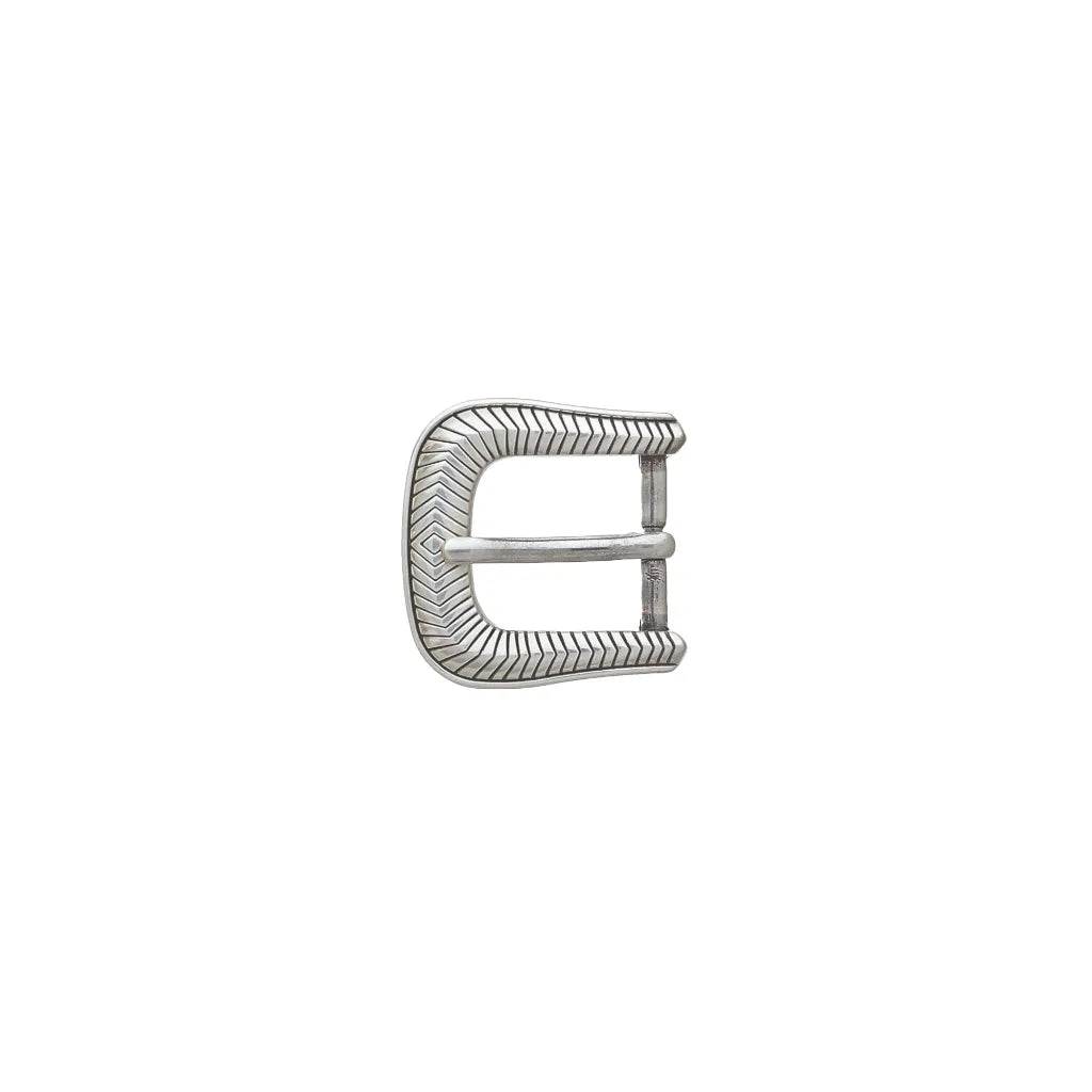 Vintage-style silver western belt buckle featuring a horseshoe shape with engraved chevron and sunburst textures.