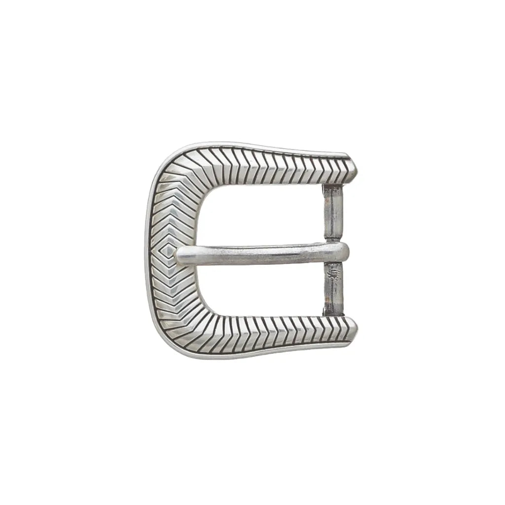 Vintage-style silver western belt buckle featuring a horseshoe shape with engraved chevron and sunburst textures.