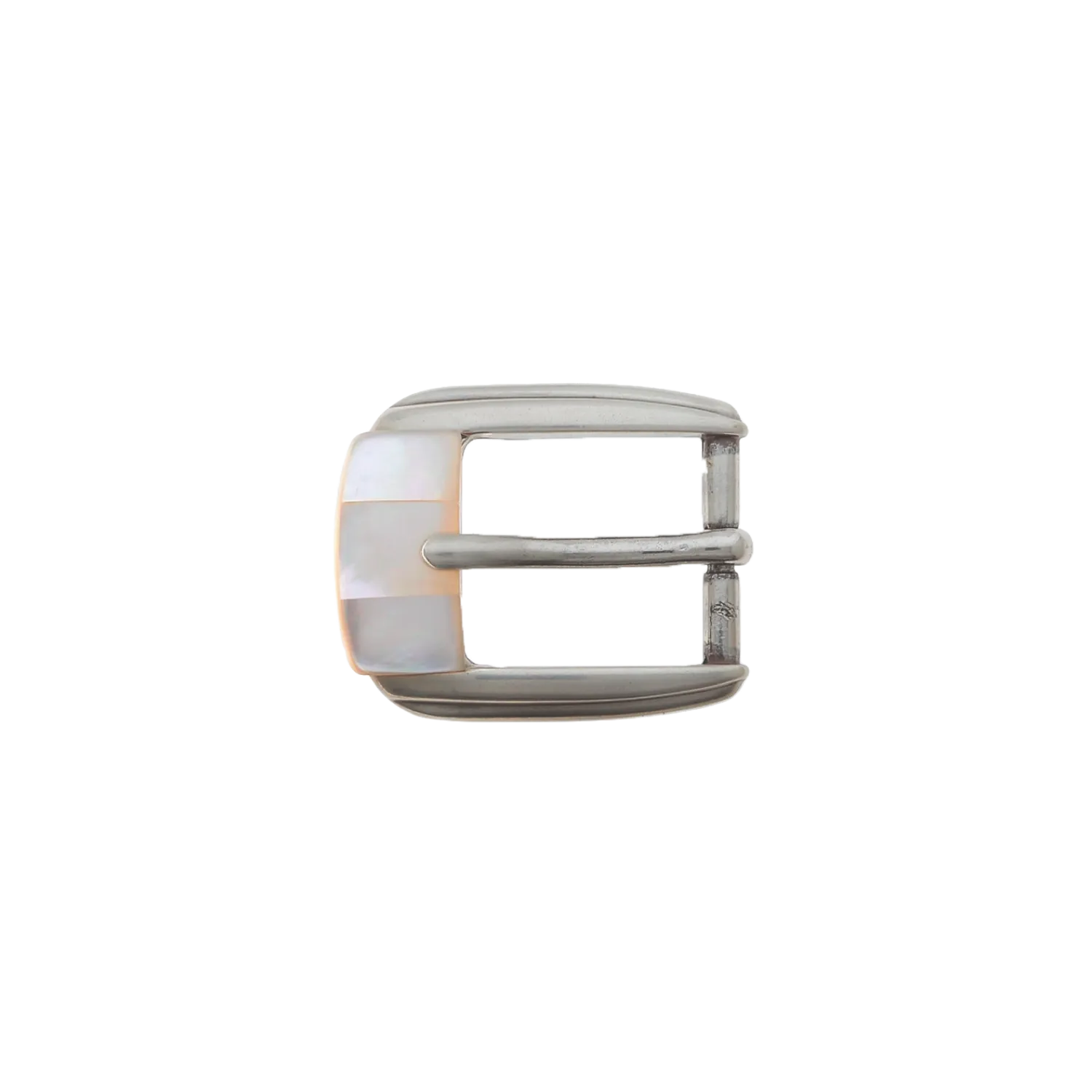 Polished silver rectangular belt buckle featuring iridescent mother-of-pearl inlays and a single prong.