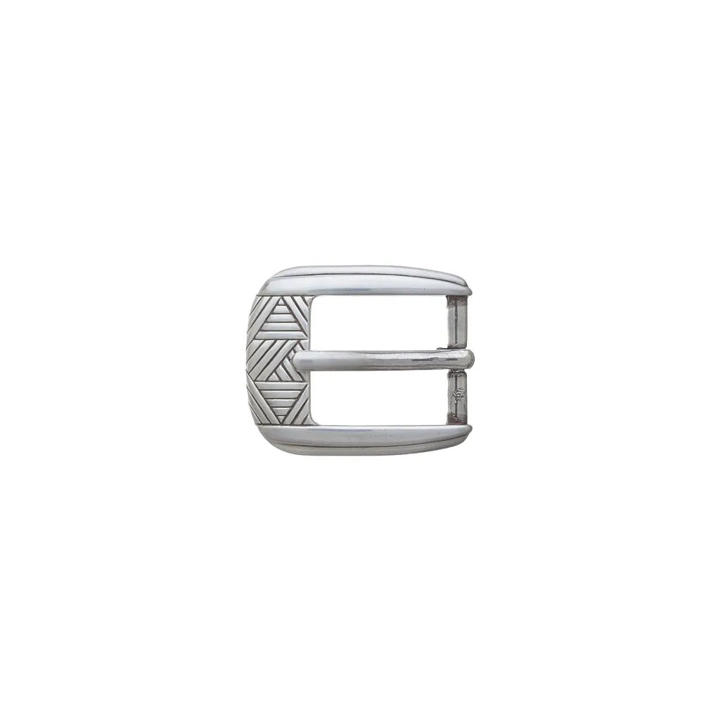 Polished silver rectangular belt buckle with geometric etched frame and single prong.