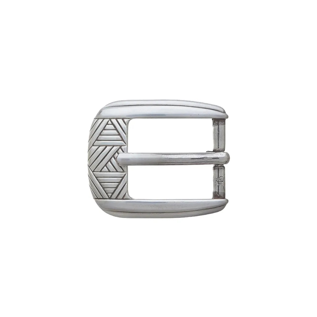 Polished silver rectangular belt buckle with geometric etched frame and single prong.