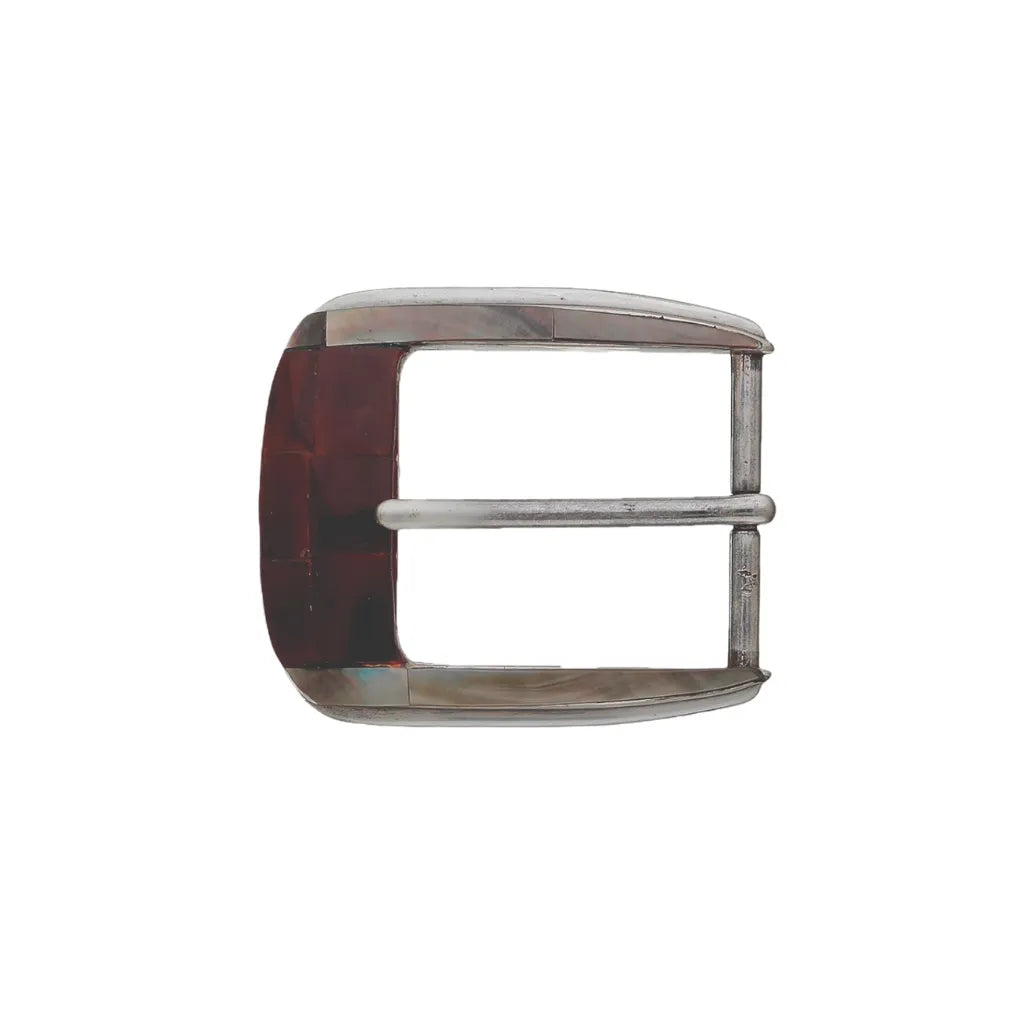 Silver belt buckle with inlaid red garnet, dark mahogany, and iridescent shell tiles.
