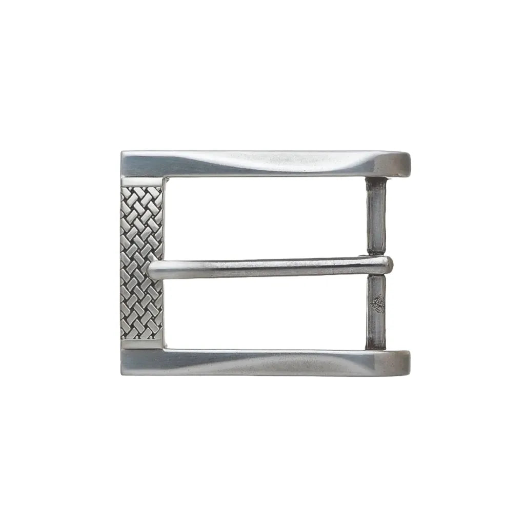 Brushed silver-tone rectangular belt buckle featuring a minimalist frame with an engraved woven basketweave texture on the left bar.