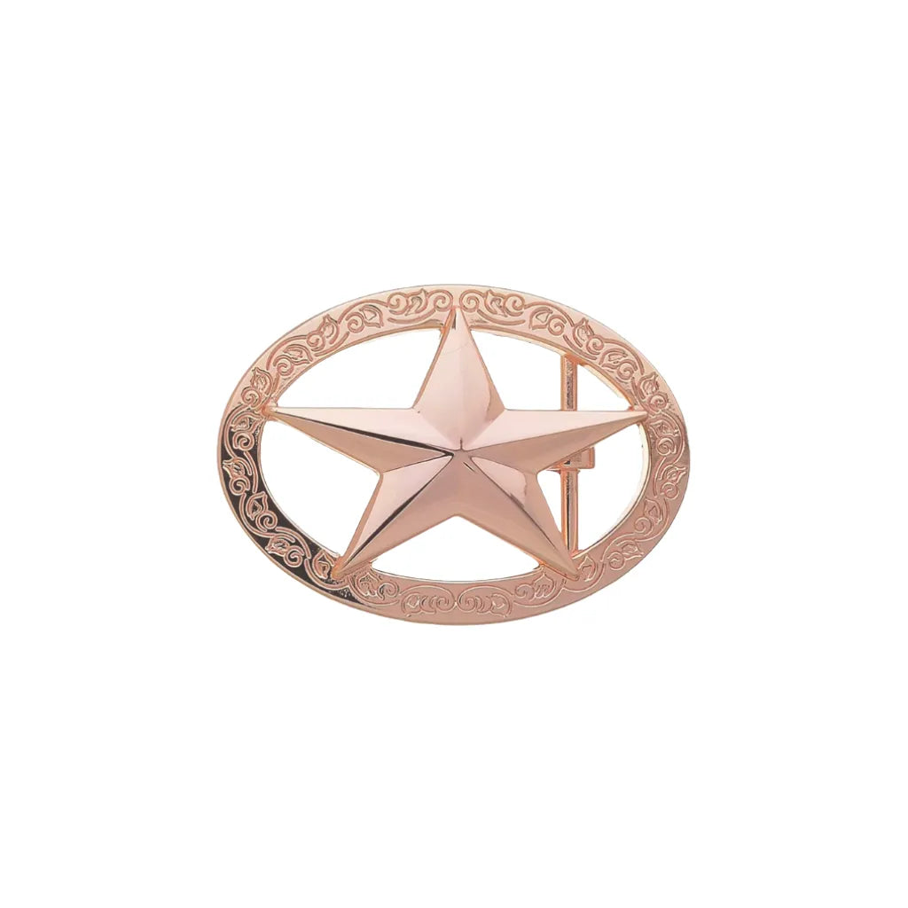Western-style oval rose gold belt buckle featuring a large central five-point star and an intricate engraved floral vine border.