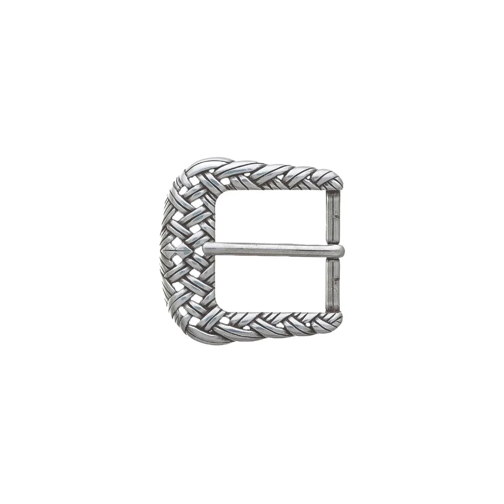 Antique-style silver belt buckle featuring a heavy braided woven rope texture and a rounded horseshoe silhouette.