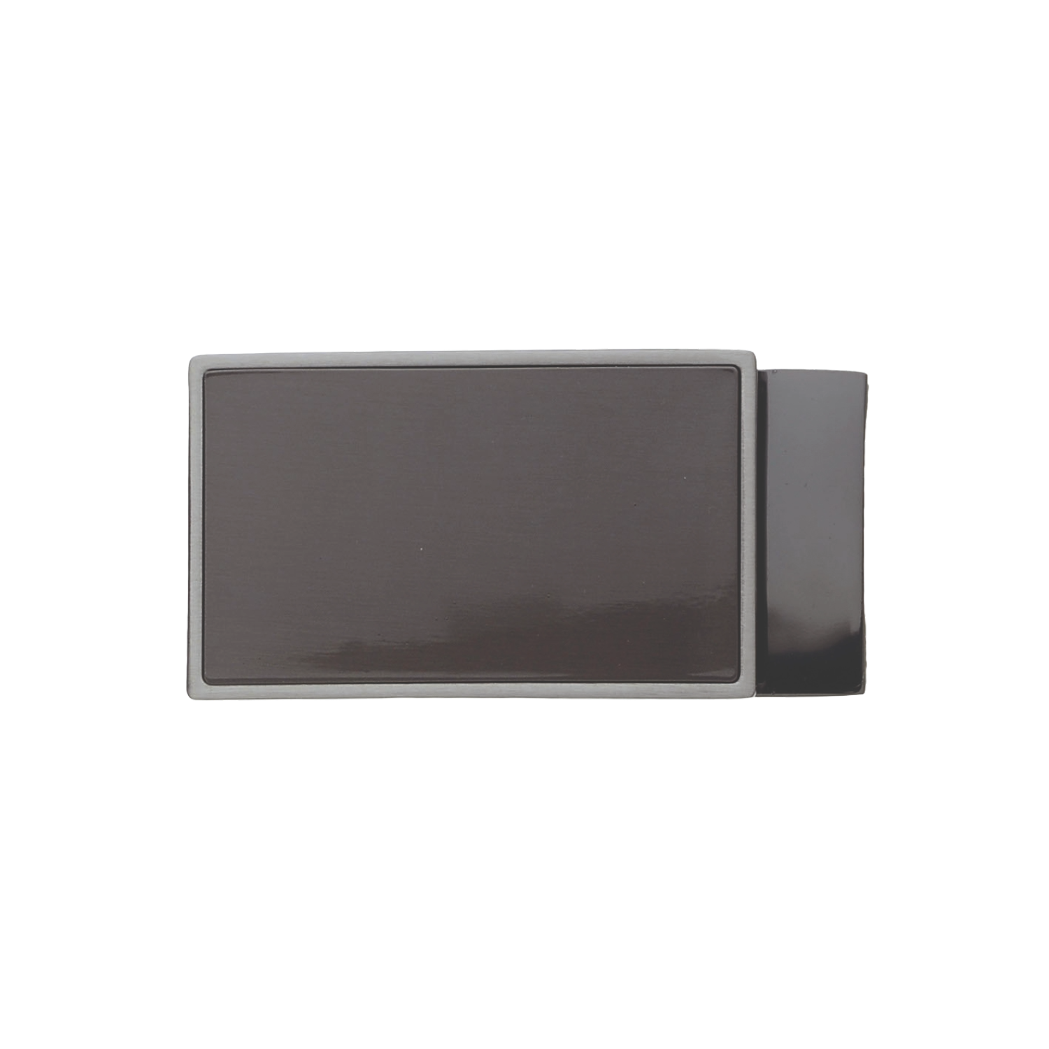 Rectangular belt buckle in gunmetal finish with raised frame border, front view