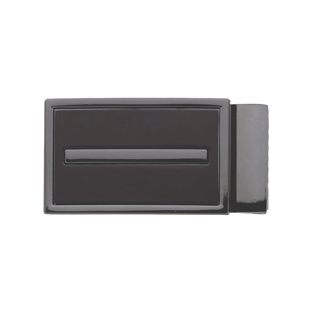 Rectangular belt buckle in glossy black finish with raised center bar detail, front view