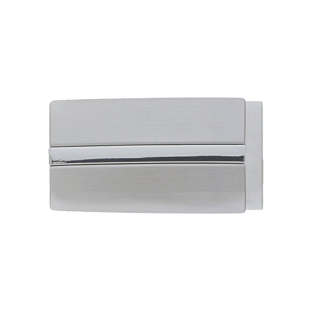 Rectangular belt buckle in brushed silver finish with polished center stripe