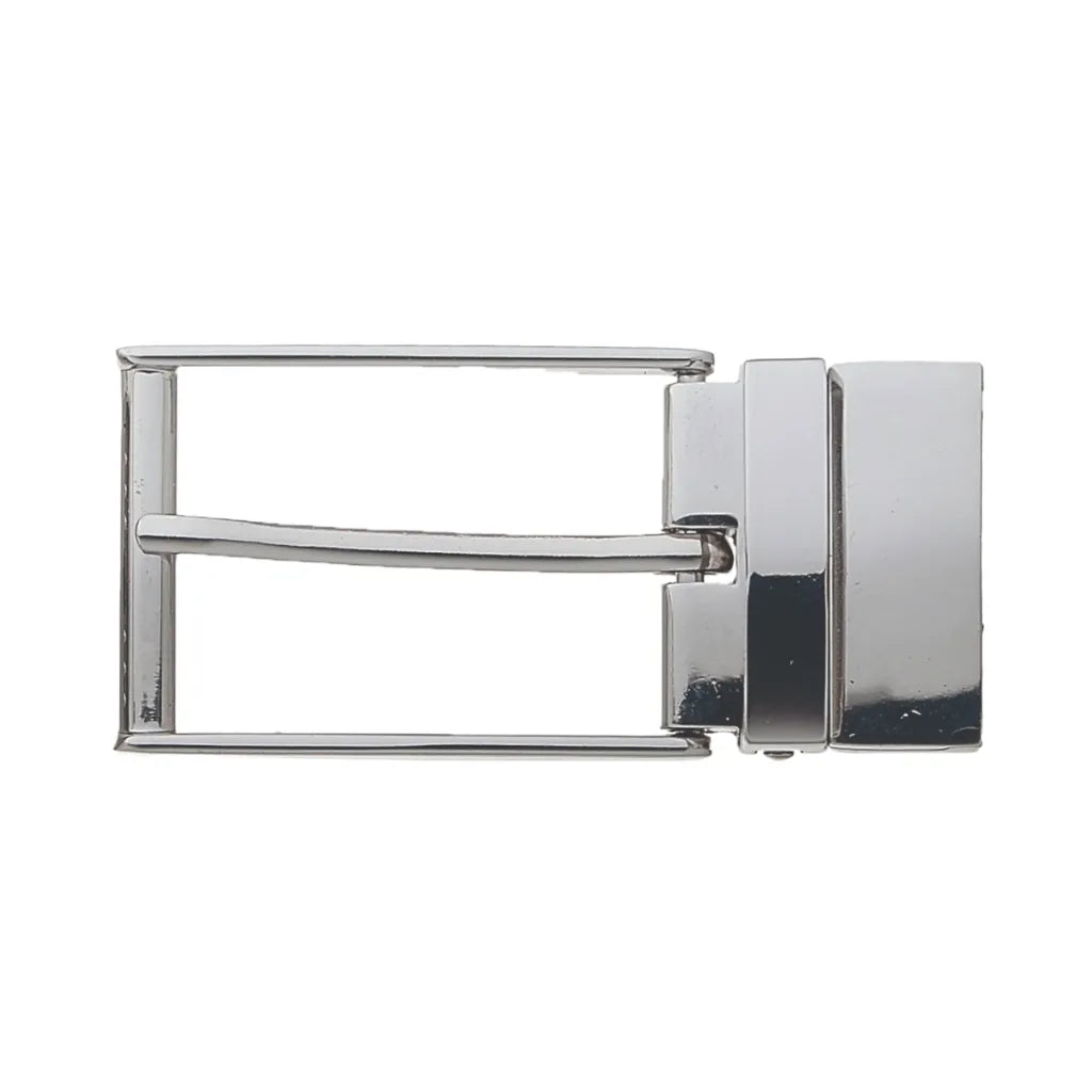 Polished chrome rectangular frame belt buckle with prong and clamp closure, fits 35mm belt strap
