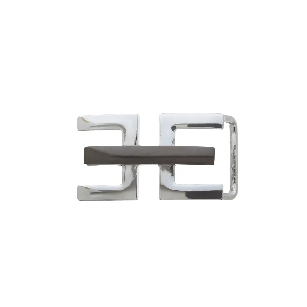 Two-tone Double E 25mm buckle in Palladium + Shiny Gun Metal. Italian design, durable zamak, sleek contrast.