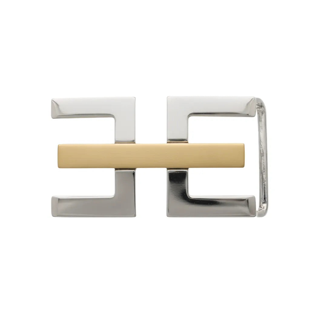 Two-tone Double E 35mm buckle in Palladium + Light Gold. Italian design, zamak build, refined contrast.