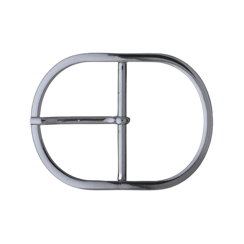 Sleek oval-frame 50mm belt buckle in Shiny Gun Metal. 