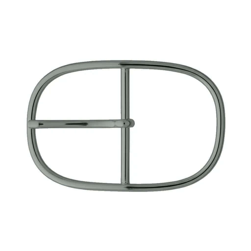 Oval-frame 50mm belt buckle in Shiny Gun Metal, made from zamak with a smooth prong and bar. 