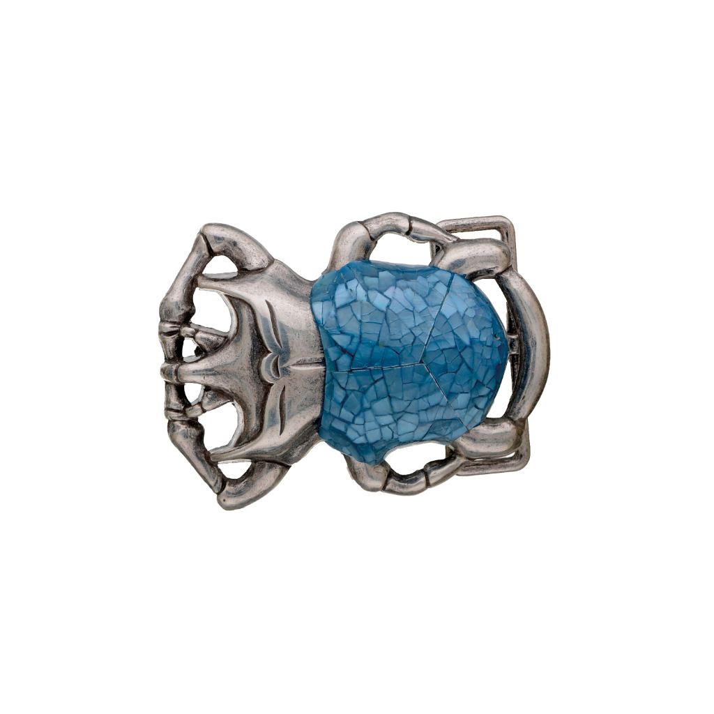 Silver scarab beetle belt buckle with turquoise blue mosaic inlay shell, Egyptian inspired animal fashion accessory, Italian design collectible men’s belt hardware, vintage jewelry style buckle