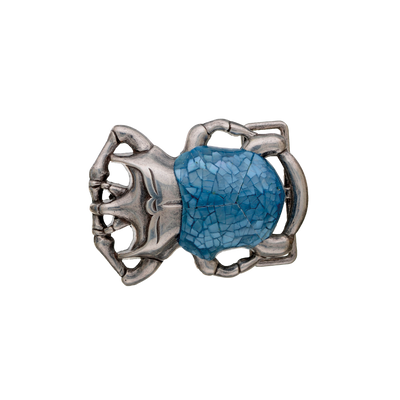 Silver scarab beetle belt buckle with turquoise blue mosaic inlay shell, Egyptian inspired animal fashion accessory, Italian design collectible men’s belt hardware, vintage jewelry style buckle