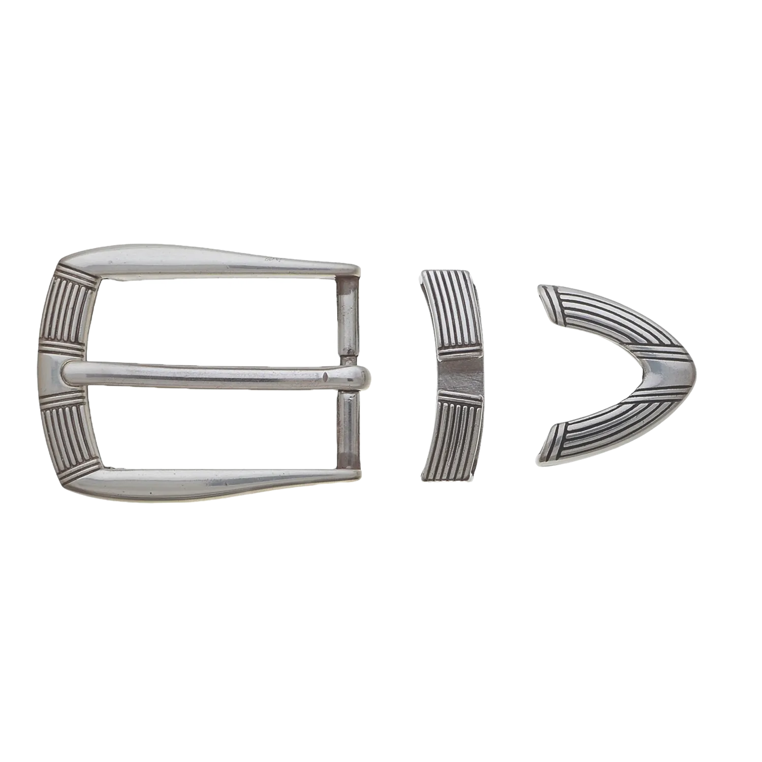 Classic silver-tone three-piece western buckle set featuring a rectangular frame, matching belt keeper, and tapered tip with engraved vertical ridge detailing.