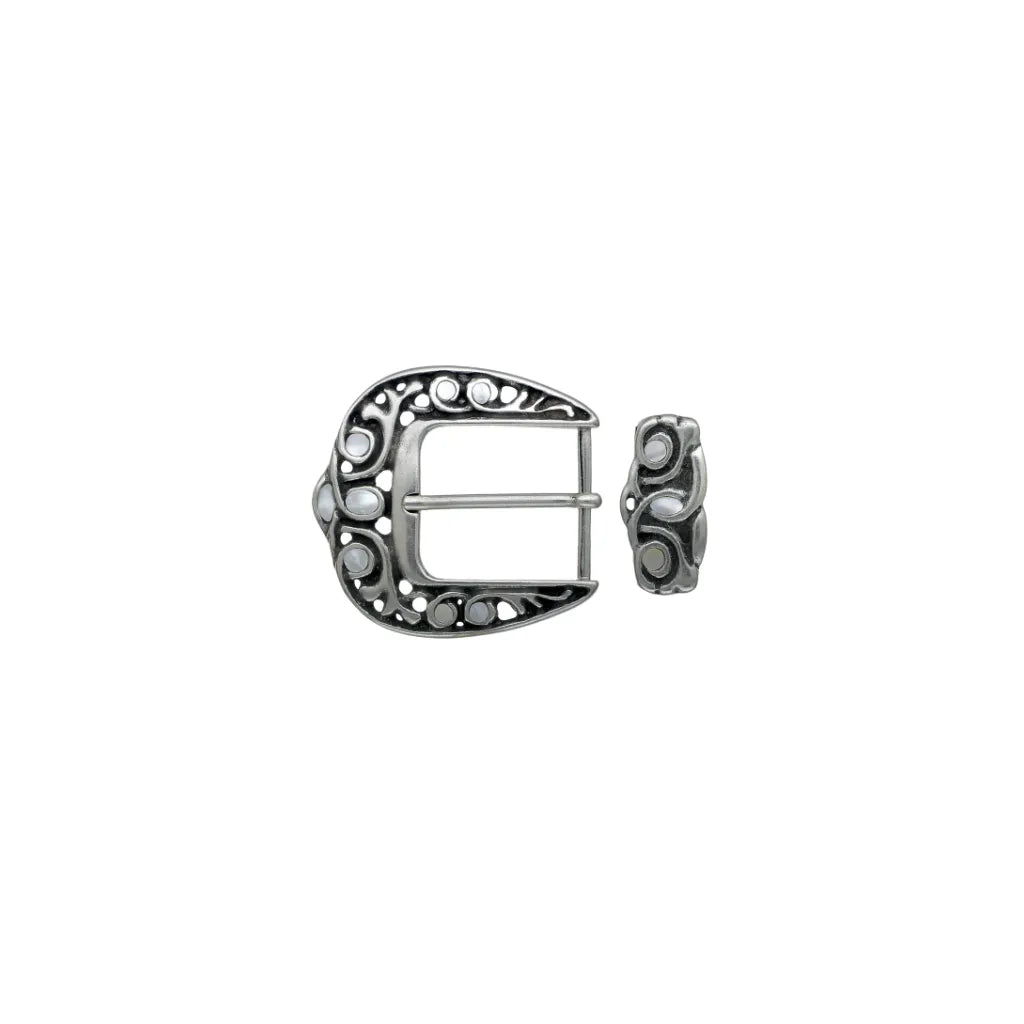 Vintage-style silver two-piece western belt buckle set featuring intricate open-work floral filigree and iridescent mother of pearl inlays..