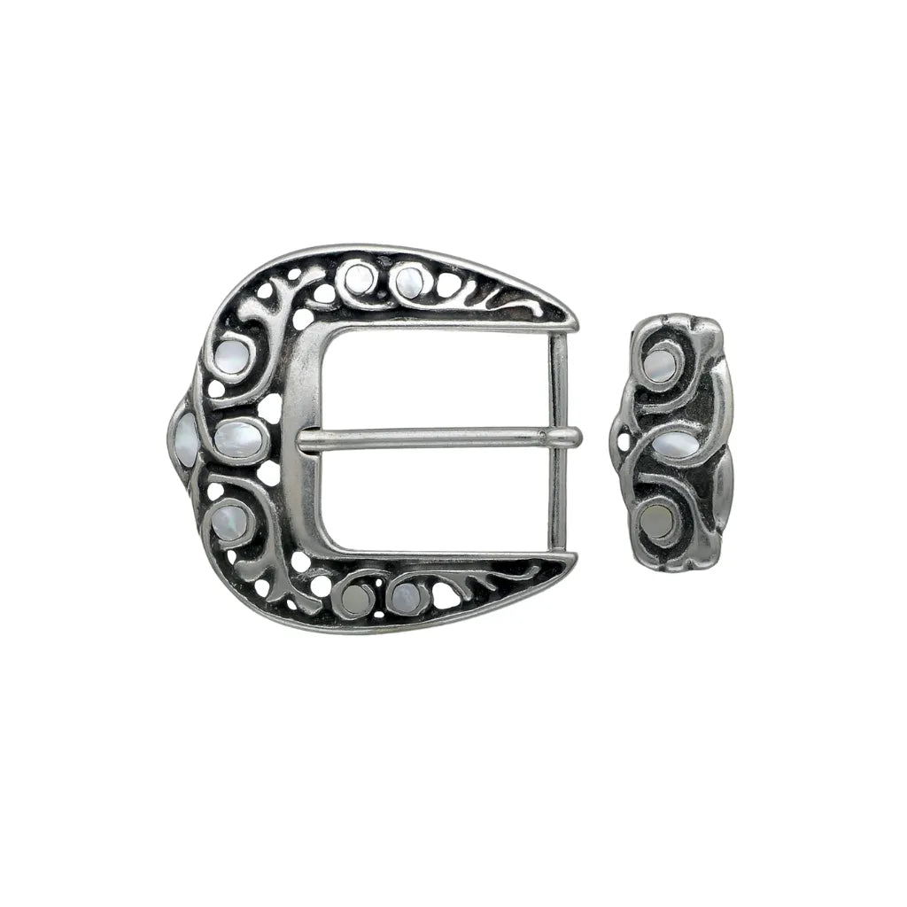 Vintage-style silver two-piece western belt buckle set featuring intricate open-work floral filigree and iridescent mother of pearl inlays.