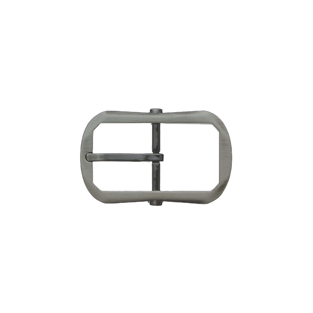 Brushed nickel rectangular belt buckle with rounded corners and single prong.