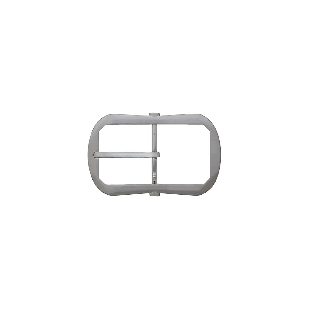 Polished silver rectangular belt buckle with rounded corners and single prong.