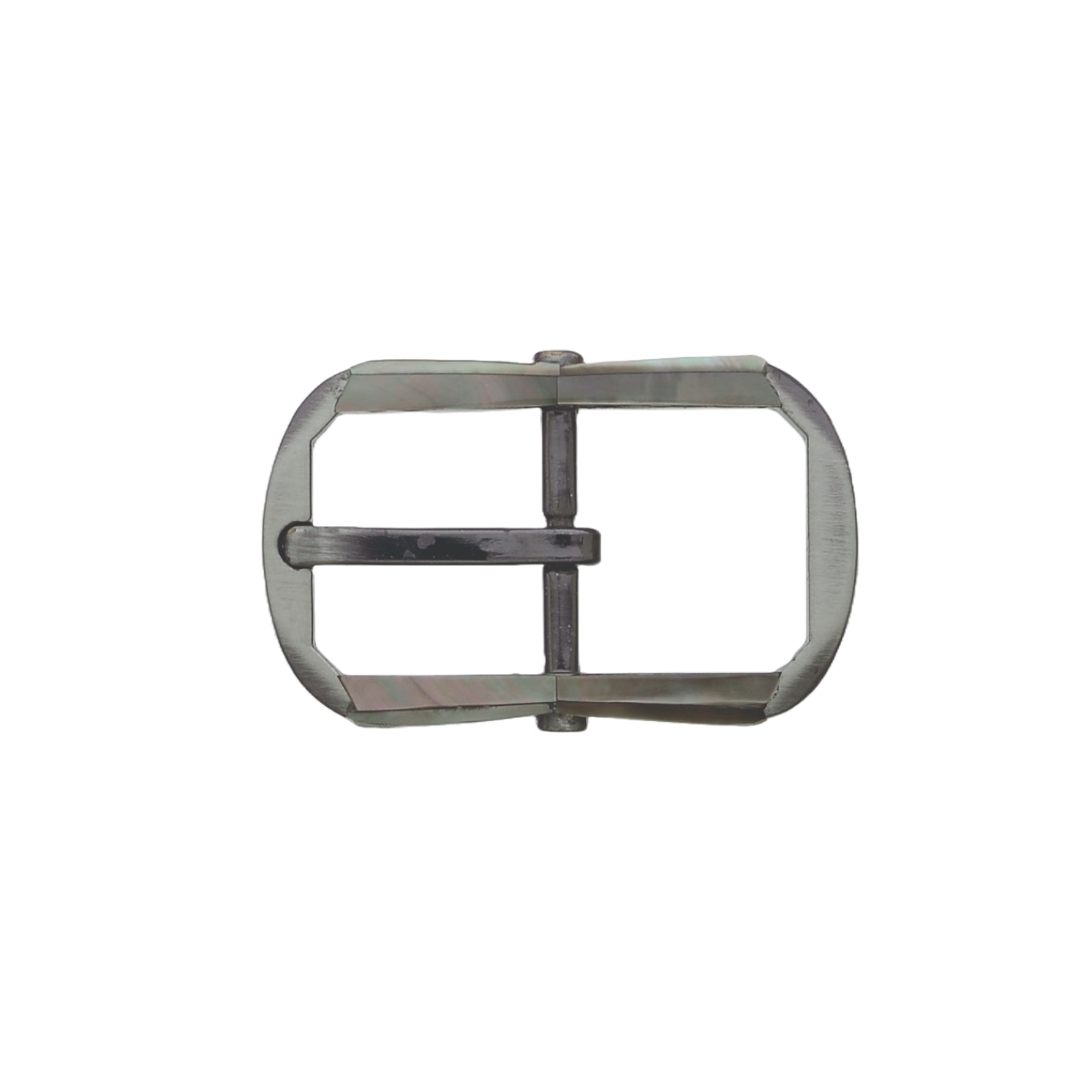 Polished silver rectangular belt buckle featuring iridescent mother-of-pearl inlays and a single prong.
