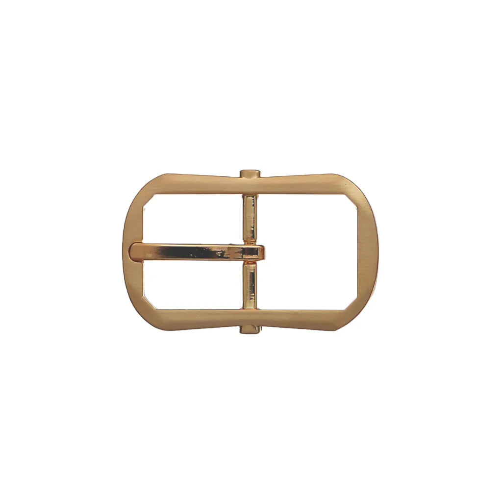Brushed gold rectangular belt buckle with rounded corners and single prong.