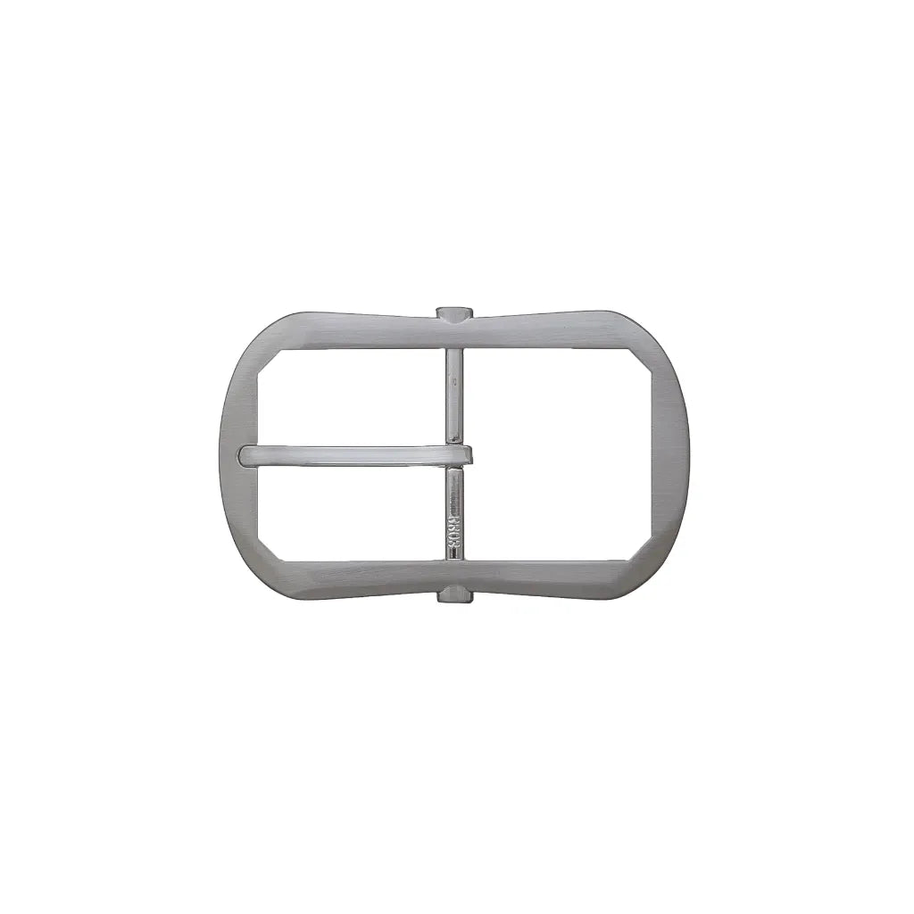 Polished silver rectangular belt buckle with rounded corners and single prong.