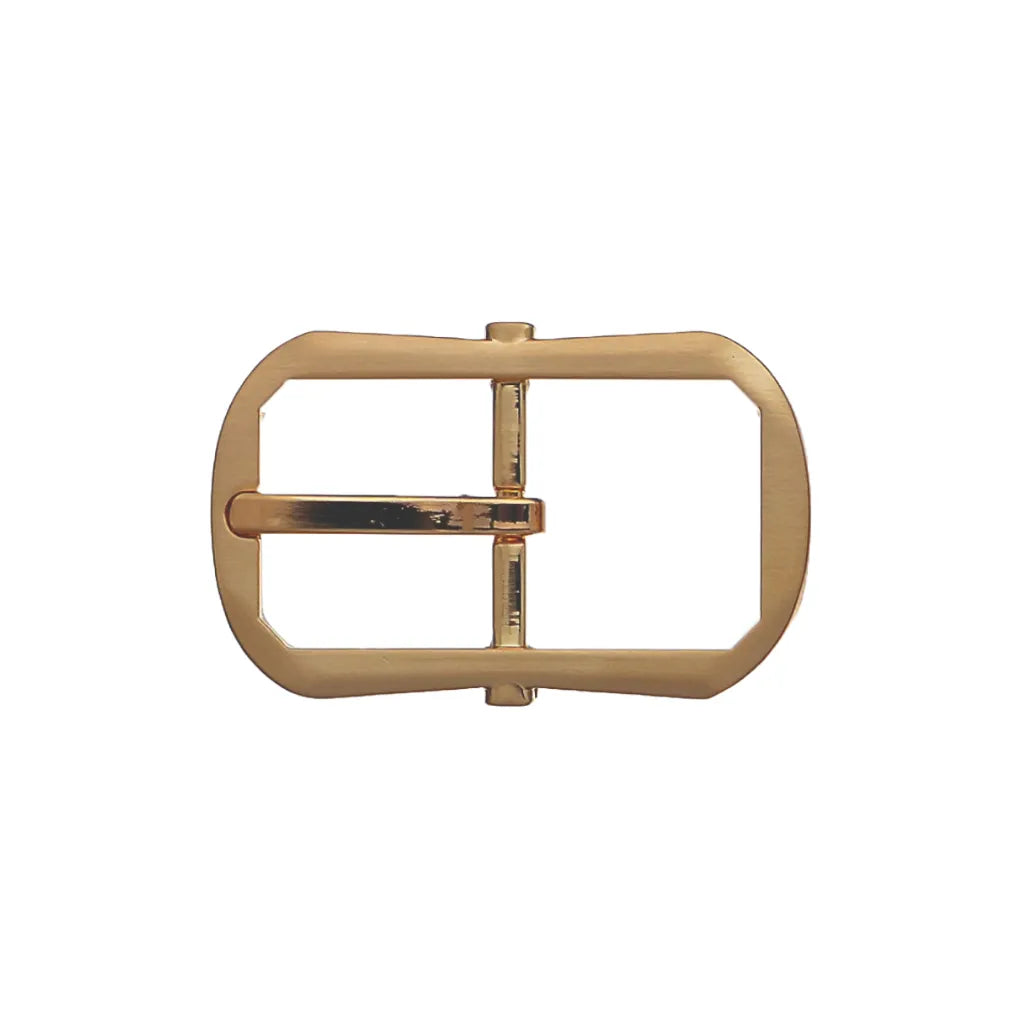Brushed gold rectangular belt buckle with rounded corners and single prong.