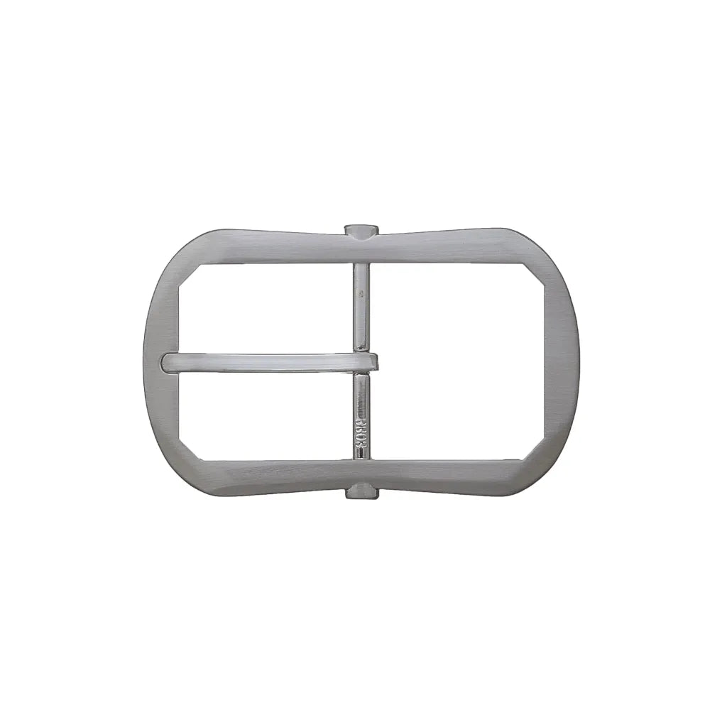 Polished silver rectangular belt buckle with rounded corners and single prong.