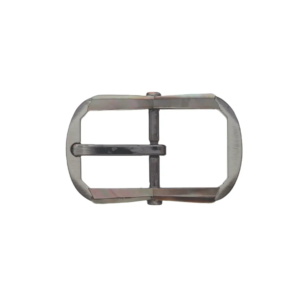 Polished silver rectangular belt buckle featuring iridescent mother-of-pearl inlays and a single prong.