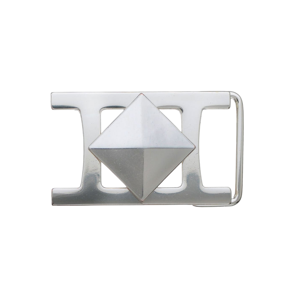 Silver pyramid belt buckle with modern geometric rectangular frame, minimalist Italian design fashion accessory, vintage men’s collectible decorative belt hardware