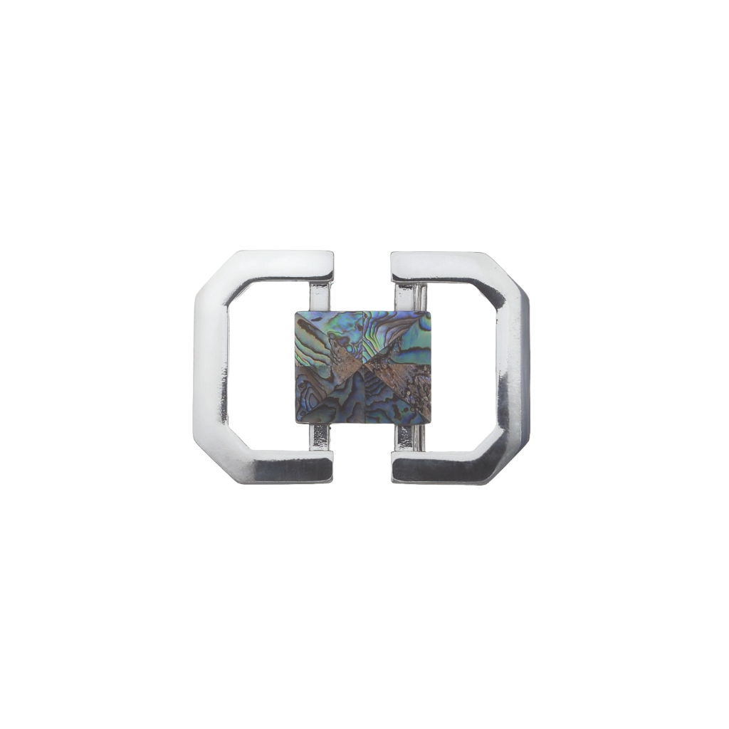 Modern silver geometric belt buckle with abalone shell inlay centerpiece, Italian design inspired fashion accessory, vintage men’s collectible decorative belt hardware