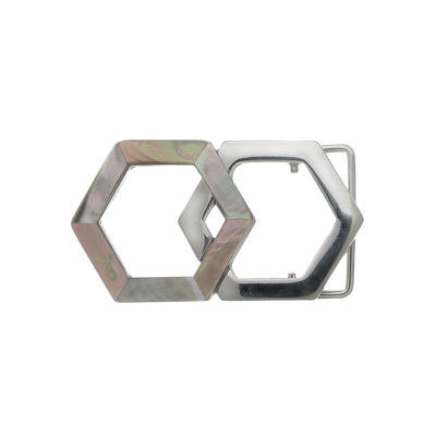 Modern interlocking hexagon belt buckle featuring one iridescent abalone shell-inlaid frame and one polished silver-tone frame.